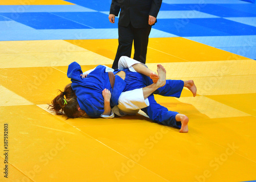 Canvas Print Two Girls judoka in kimono compete on the tatami