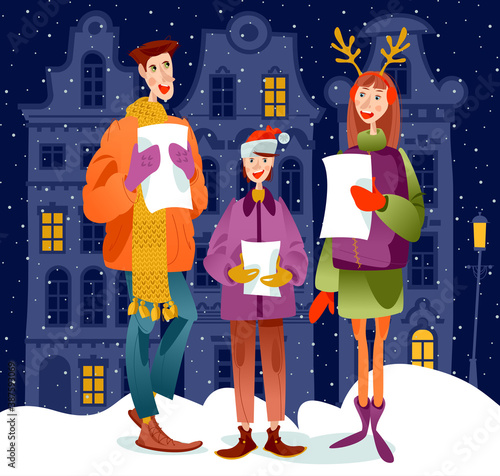 Basic Family singing Christmas carols. Christmas tradition.