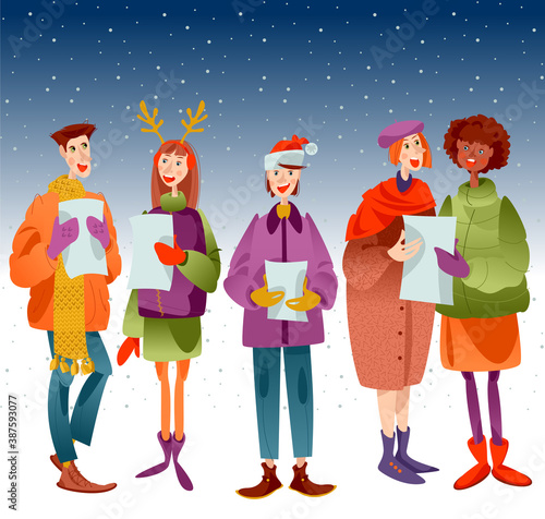 Christmas carol group. Group of people singing. Christmas tradition.