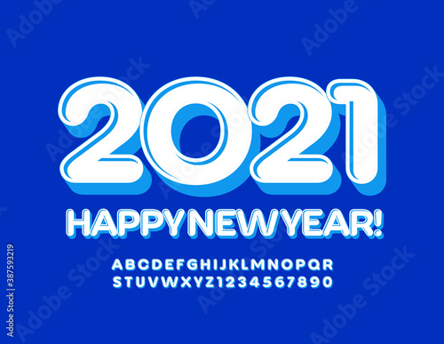 Vector trendy greeting card Happy New Year 2021! 3D White and Blue Font. Modern Alphabet Letters and Numbers set