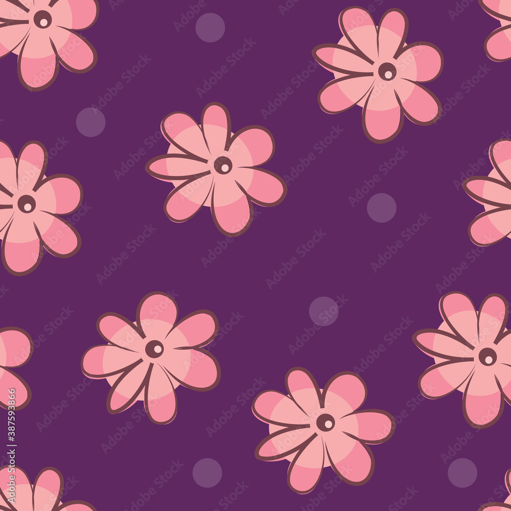Vector cartoon flowers on a dark background in seamless pattern Vector cartoon flowers on a dark background in seamless pattern