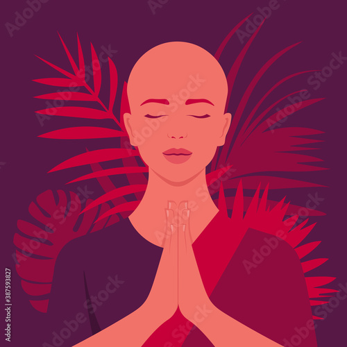 A female monk. Hand gestures greeting or prayers. Buddhism and Krishnaism. Eastern religions. Vector flat illustration