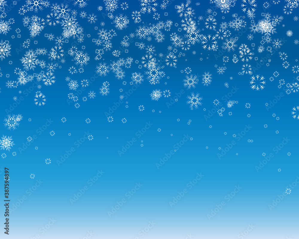 Chaotically falling snowflakes on the background. Christmas snow.  Snowfall Winter Christmas Background. Christmas background with falling snowflakes. Flat. Vector illustration