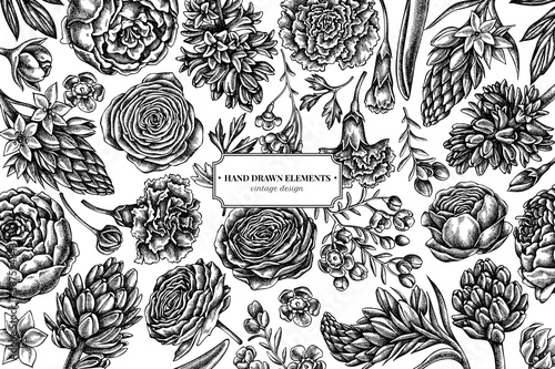Floral design with black and white peony, carnation, ranunculus, wax flower, ornithogalum, hyacinth