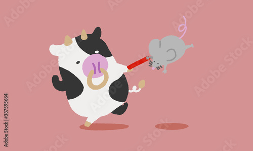ネズミからバトンを受けとる牛のイラスト