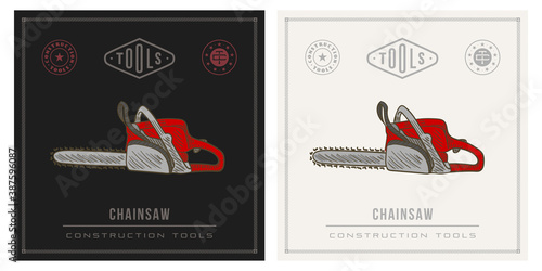 Red Chainsaw illustration. construction tools logo