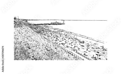 Building view with landmark of Bournemouth is a coastal resort town on the south coast of England. Hand drawn sketch illustration in vector.