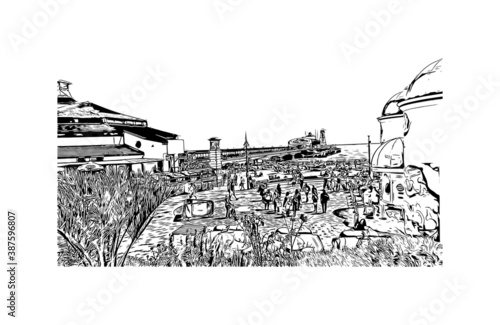 Building view with landmark of Bournemouth is a coastal resort town on the south coast of England. Hand drawn sketch illustration in vector.