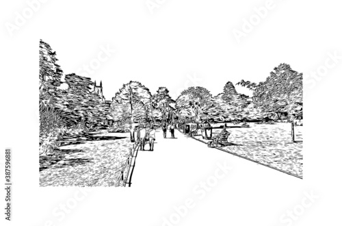 Building view with landmark of Bournemouth is a coastal resort town on the south coast of England. Hand drawn sketch illustration in vector.