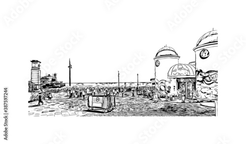 Building view with landmark of Bournemouth is a coastal resort town on the south coast of England. Hand drawn sketch illustration in vector.