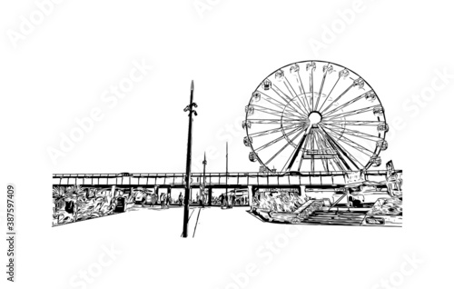 Building view with landmark of Bournemouth is a coastal resort town on the south coast of England. Hand drawn sketch illustration in vector.