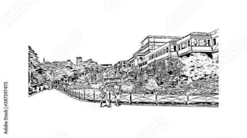 Building view with landmark of Bournemouth is a coastal resort town on the south coast of England. Hand drawn sketch illustration in vector.