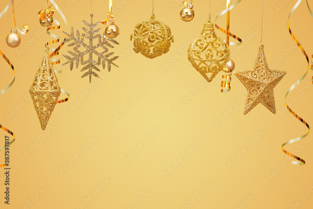 Merry Christmas postcard banner, decorations on yellow background Merry Christmas postcard banner, decorations on yellow background
