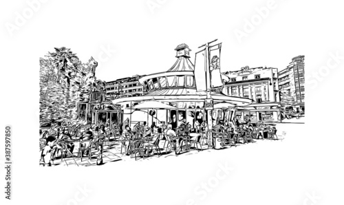 Building view with landmark of Bournemouth is a coastal resort town on the south coast of England. Hand drawn sketch illustration in vector.