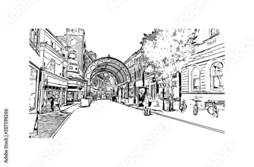 Building view with landmark of Bournemouth is a coastal resort town on the south coast of England. Hand drawn sketch illustration in vector.