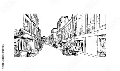 Building view with landmark of Bournemouth is a coastal resort town on the south coast of England. Hand drawn sketch illustration in vector.
