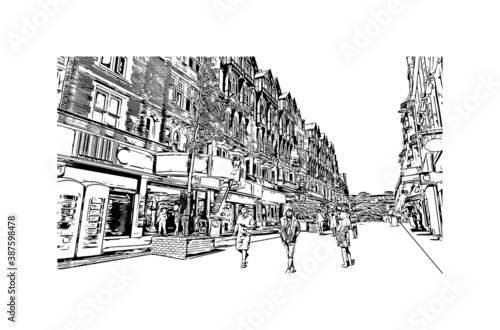 Building view with landmark of Bournemouth is a coastal resort town on the south coast of England. Hand drawn sketch illustration in vector.