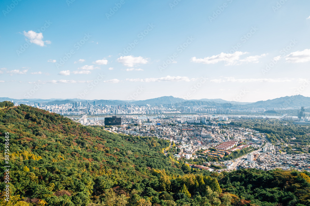 Panoramic view of Seoul city and mountains from Namsan tower in Seoul, Korea