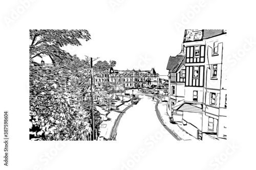 Building view with landmark of Bournemouth is a coastal resort town on the south coast of England. Hand drawn sketch illustration in vector.