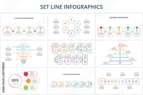 Set Line Infographics. Templates for growth chart, graph, presentation, chart. Business startup concept