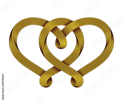 The sign of the union of two hearts made of interwoven golden wire bundles. Symbol of eternal love. Vector illustration.