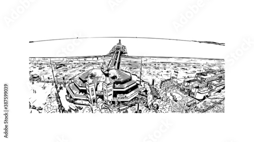 Building view with landmark of Bournemouth is a coastal resort town on the south coast of England. Hand drawn sketch illustration in vector.