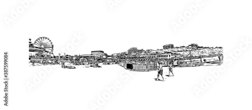 Building view with landmark of Bournemouth is a coastal resort town on the south coast of England. Hand drawn sketch illustration in vector.