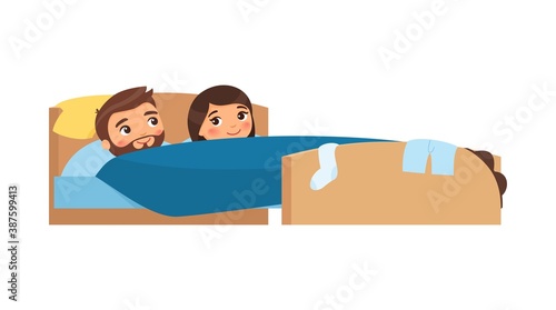 Caucasian young couple smiling in bed. Clothes are scattered. Satisfied man and woman. Happy married couple. Sexual relations concept . Colorful vector illustration in flat cartoon style.