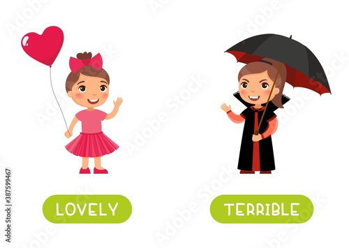 LOVELY and TERRIBLE antonyms word card vector template. Flashcard for english language learning. Opposites concept. Little girl in pink dress and with balloon in her hand, child in a vampire costume