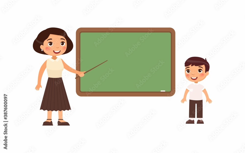 Teacher and schoolboy at classroom flat vector illustration. Female tutor and pupil standing near empty chalkboard cartoon characters. Boy at school class isolated on white background Teacher and schoolboy at classroom flat vector illustration. Female tutor and pupil standing near empty chalkboard cartoon characters. Boy at school class isolated on white background
