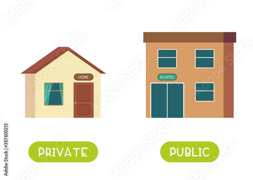 PRIVATE and PUBLIC antonyms word card vector template. Flashcard for english language learning. Opposites concept. Home and school.