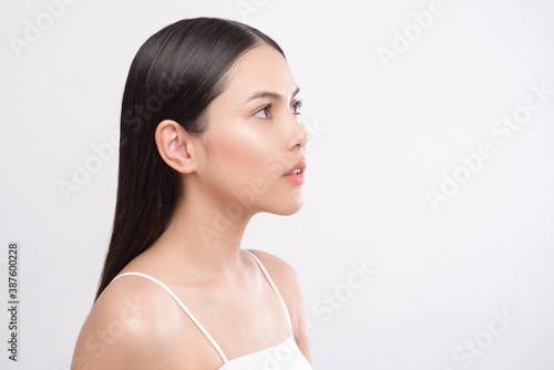 Portrait of young beautiful woman with smooth healthy skin on white background , Skincare concept.
