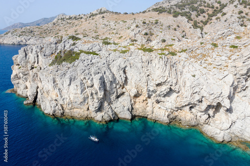 Aerial view of limestone rocky coastline along Bozburun Peninsula Marmaris Turkey.