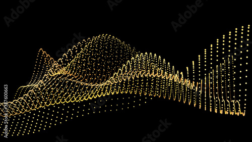 Sound wave from node. Gold interface big data flow. Copy space cover template. Vector swirl isolated flow.