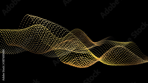 An abstract stream of golden radiance flying in outer space through galaxies and orbits. Star clusters networks.