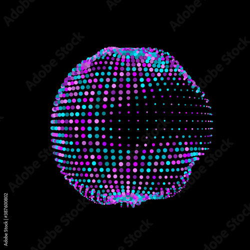A deformed deflating sphere formed from a sea of dots. An unstable sphere, iridescent with abstract smooth deformations.