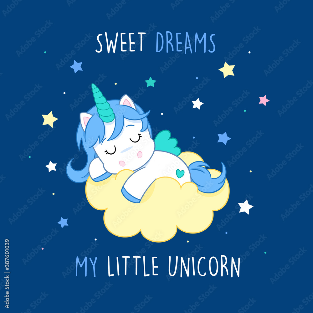 Fototapeta premium Sweet dreams my little unicorn - Lovely baby unicorn sleeping on the cloud - Nursery print - Suitable for decorations, party invitations or greeting cards, baby shower decorations...
