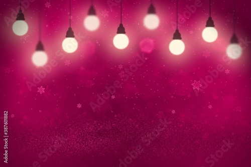 pink cute sparkling glitter lights defocused bokeh abstract background with light bulbs and falling snow flakes fly, celebratory mockup texture with blank space for your content