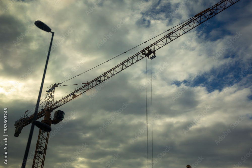 Crane standing on the cloudy sky background
