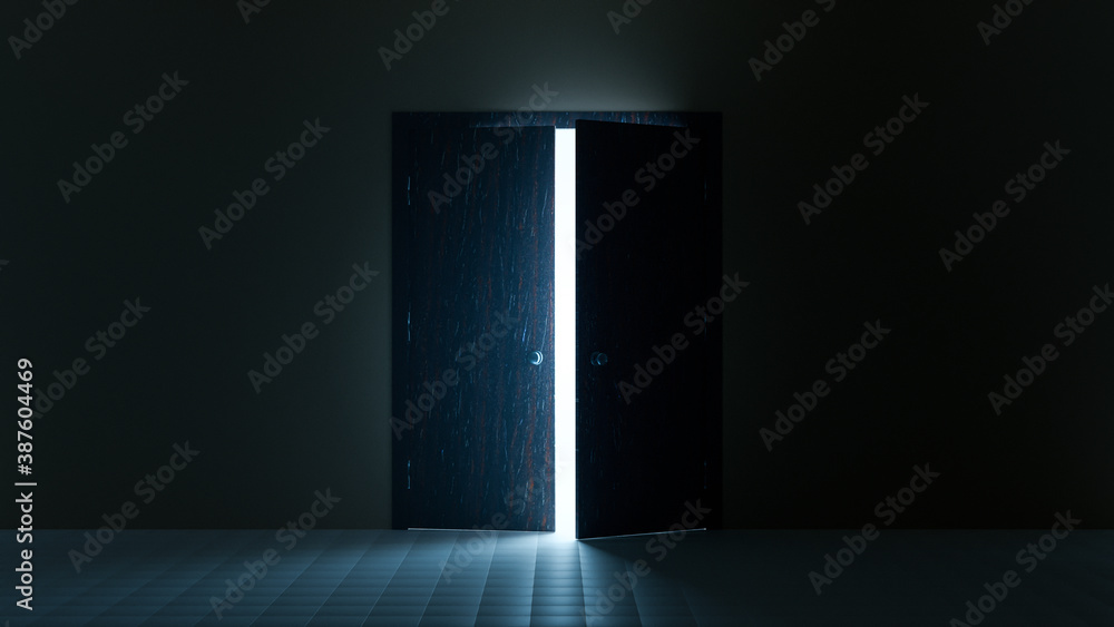 A bright warm light enters to the slightly open door from another room and illuminates the tiled floor and walls. Turn key home repair service solution in 3D rendering. A bright warm light enters to the slightly open door from another room and illuminates the tiled floor and walls. Turn key home repair service solution in 3D rendering.