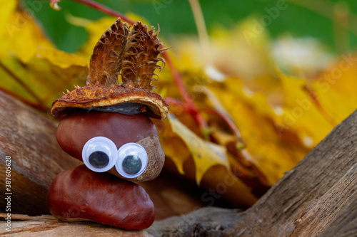 Handicrafts with chestnuts with a colorful autumn background