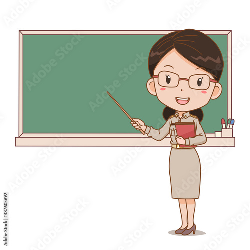 Cartoon illustration of Thai female teacher holding a stick in front of blackboard. 