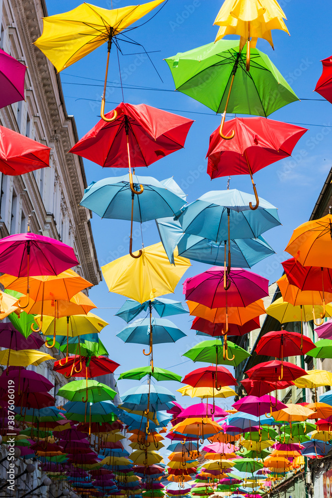 Colorful umbrellas, Alba Iulia street in Timisoara, Romania.