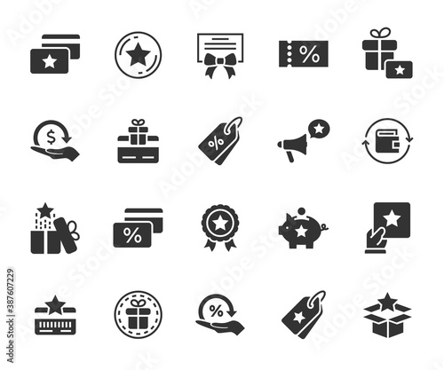 Vector set of loyalty program flat icons. Contains icons cashback, bonus card, discount coupon, promotion, gift certificate, rewards program and more. Pixel perfect.