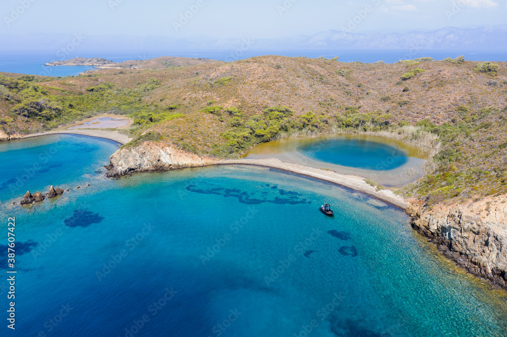 Aerial view of coastal lagoon in Koyun Cape Gokova Bay Special Environment Protected Area Turkey