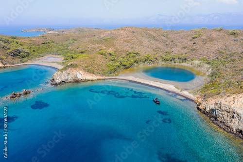Aerial view of coastal lagoon in Koyun Cape Gokova Bay Special Environment Protected Area Turkey