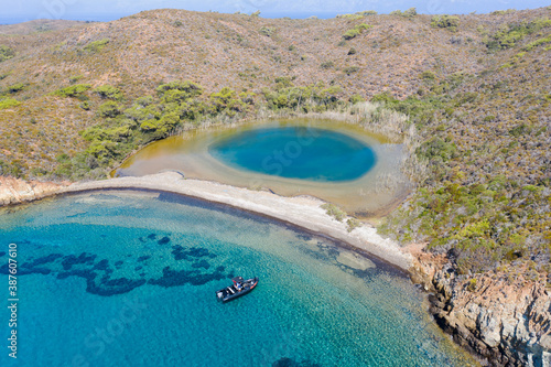 Aerial view of coastal lagoon in Koyun Cape Gokova Bay Special Environment Protected Area Turkey photo