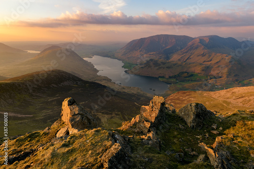 Aerial view of Crummock Water Lake at sunset from Red Pike in the Lake District.