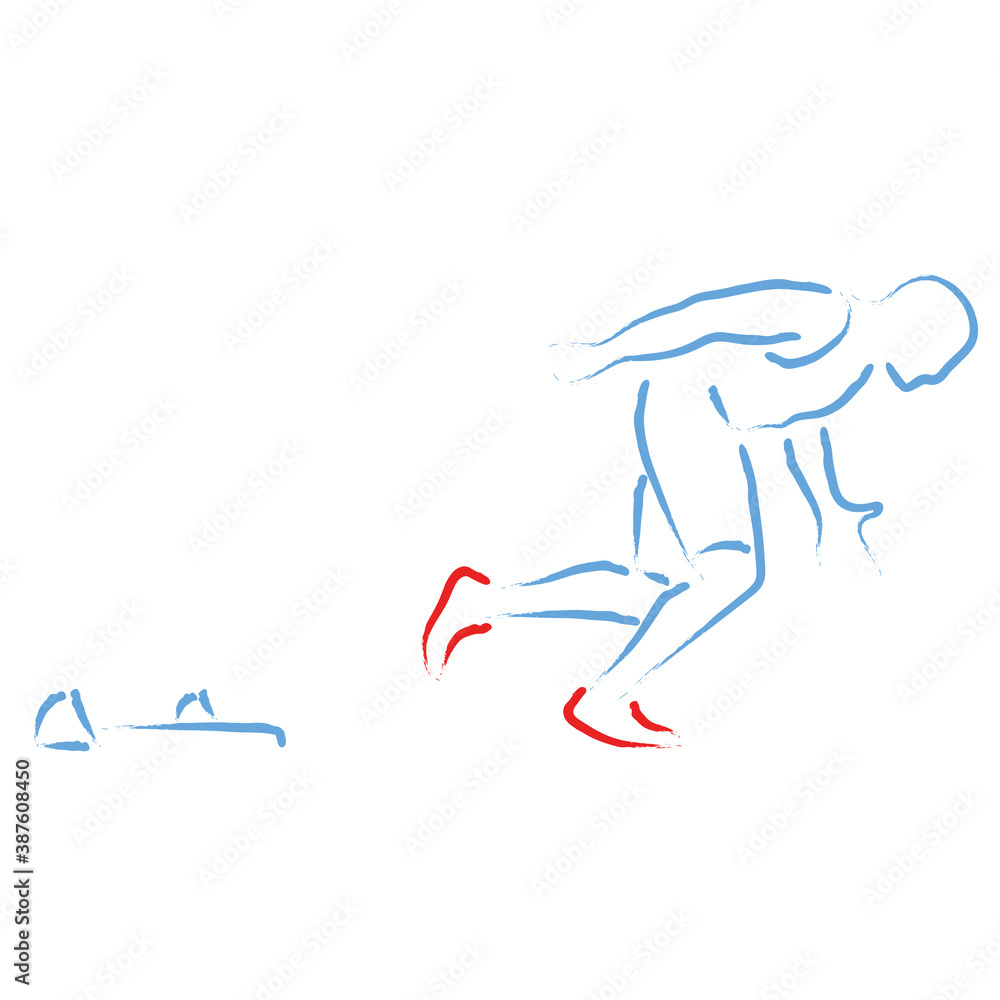 Stylized vector illustration with athlete sprinting at the starting blocks
