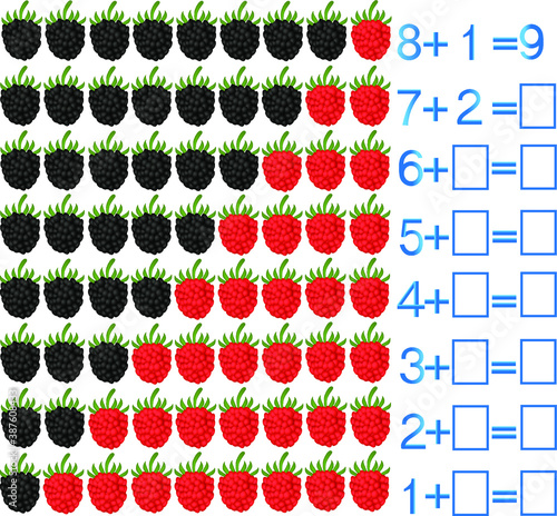 Educational games for children, on the composition of the nine, examples with blackberry and raspberry.